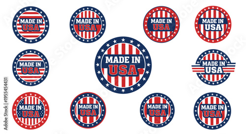Collection of circular Made in USA badges with stars and stripes design.