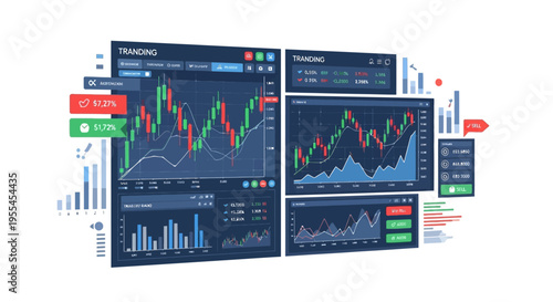 Digital trading interface with multiple financial charts and data analytics.