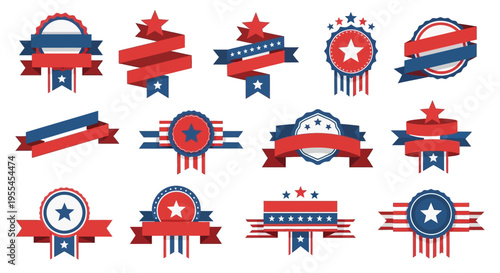 Set of patriotic red white and blue badge and ribbon designs with stars and stripes.