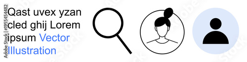 User search, profile identification, online authentication, digital identity, data privacy, verification. Magnifying glass, female avatar and user icon. User search and profile identification