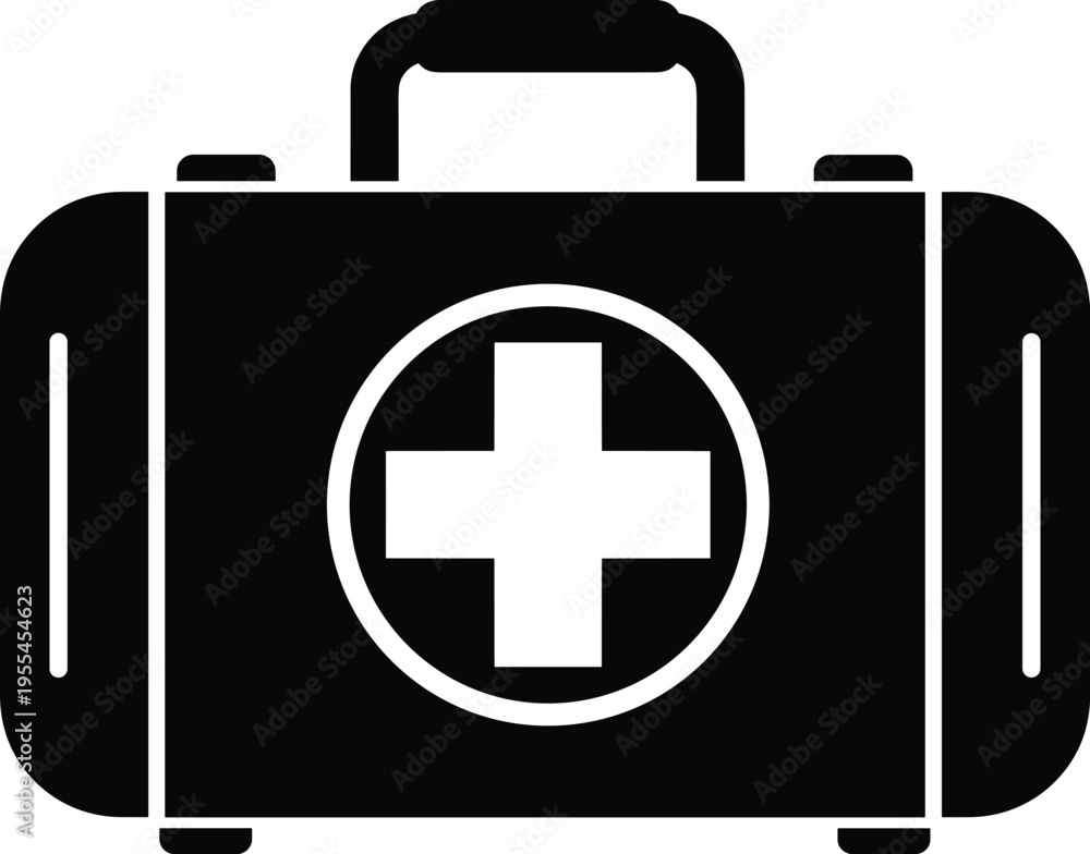 Obraz premium Black and white first aid kit icon isolated on white background for emergency medical care, healthcare, safety, and rescue equipment