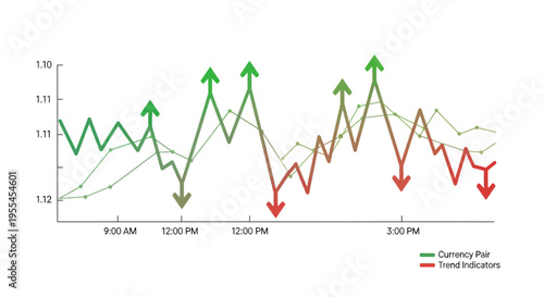 Financial line chart showing currency pair fluctuations over time with green and red trend lines.