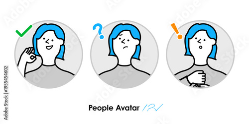 OK・疑問・驚きの3種類の表情を持つ青髪女性アバターセット|フラットデザインの人物アイコンイラスト