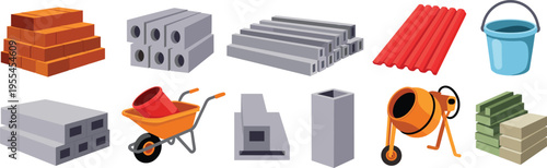 Construction materials vector illustration set with bricks concrete blocks steel beams mixer bucket tools isolated building industry equipment collection
