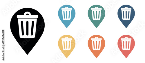 Recycle bin and delete concept vector icon set representing trash removal, waste management, and map marker illustration for digital interface and organization