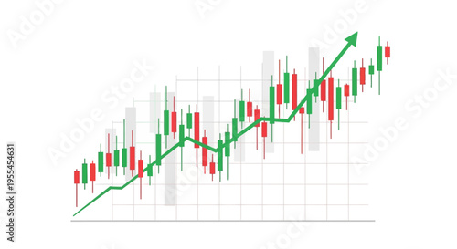 Financial stock market graph showing upward trend with candlestick chart and green arrow.