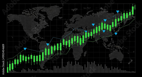 Global financial market candlestick chart with upward trend and world map background.