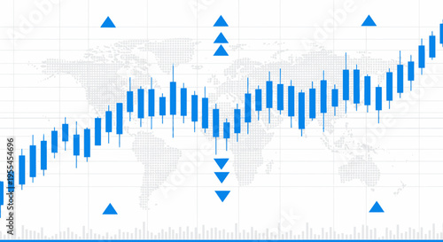 Abstract financial chart with candlestick and arrow indicators on world map background.