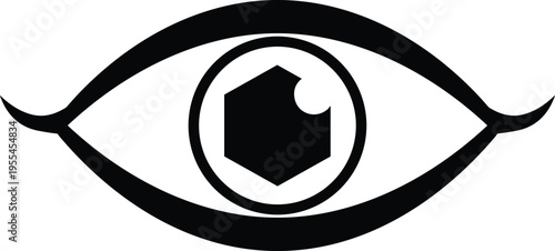 Minimalist black and white eye icon with geometric pupil representing vision, security, digital surveillance, biometric identification, optical health and creative observation