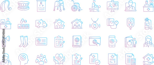 elderly care and nursing home vector icons set, senior healthcare, disability assistance, medical equipment, and geriatric lifestyle symbols in gradient outline style,   infographic business icons.