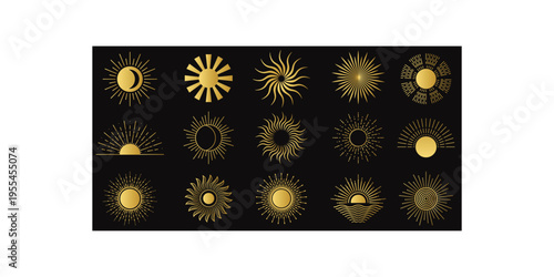 Bohemian sunburst. Sunrise symbol, sun and moon rays. Bohemian sun. Abstract boho suns and arc windows, sunburst. Bohemian minimalist line sunrise and sunset in water of sea waves. Vector