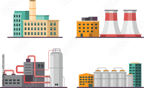 Flat industrial factory buildings with cooling towers storage tanks pipelines power plants manufacturing facilities modern energy production vector illustration set