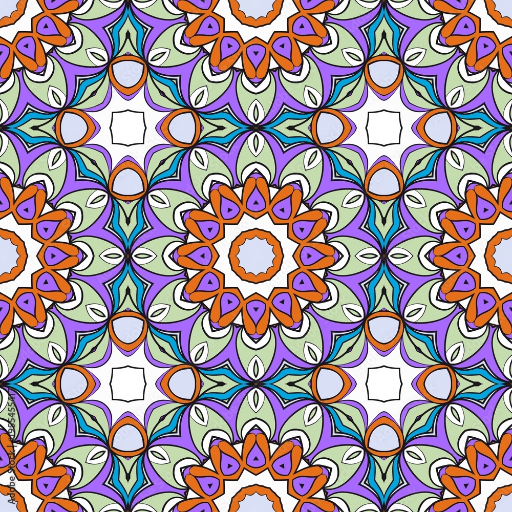 Fototapeta premium Repetitive mandala flowers in purple, teal, orange, and soft green create a lively seamless background ideal for boho textiles, wrapping paper and creative branding.
