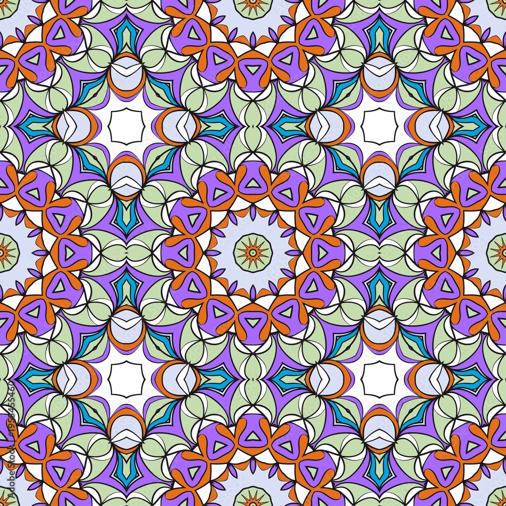 Fototapeta premium Detailed pastel mandala pattern with interlocking floral and geometric shapes in purple, mint, orange, and teal, perfect for sophisticated prints and decor applications.