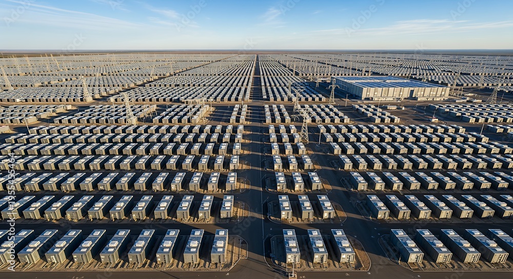 Fototapeta premium Aerial view of large solar panel farm installation