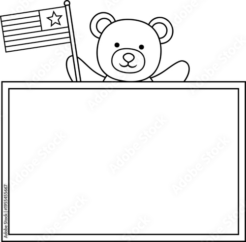 US Independence Day Teddy Bear Holding Blank signboard coloring Page Template.
Cute teddy bear character with  blank board  outline.
Transparent background. SVG.