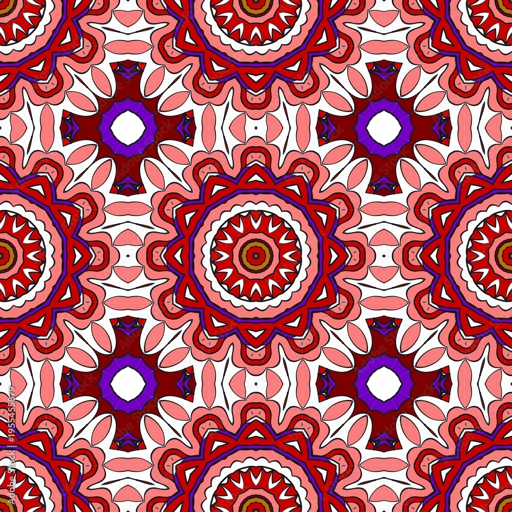 Fototapeta premium Playful pink and red mandala rosettes repeat across a seamless background, creating a cheerful decorative pattern for fabric, greeting cards or festive Valentine designs.