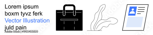 Corporate branding, identity documents, workplace decor, business , digital communication, personal identification. A black briefcase, abstract plant doodle and ID card graphic. Corporate branding