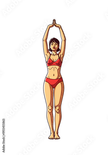 A woman in a red bikini standing in a yoga pose with arms extended overhead and palms together, on a white background.