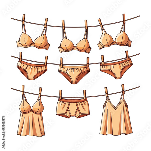 Various pieces of women's light brown underwear and lingerie hanging on a clothesline with clothespins to dry.