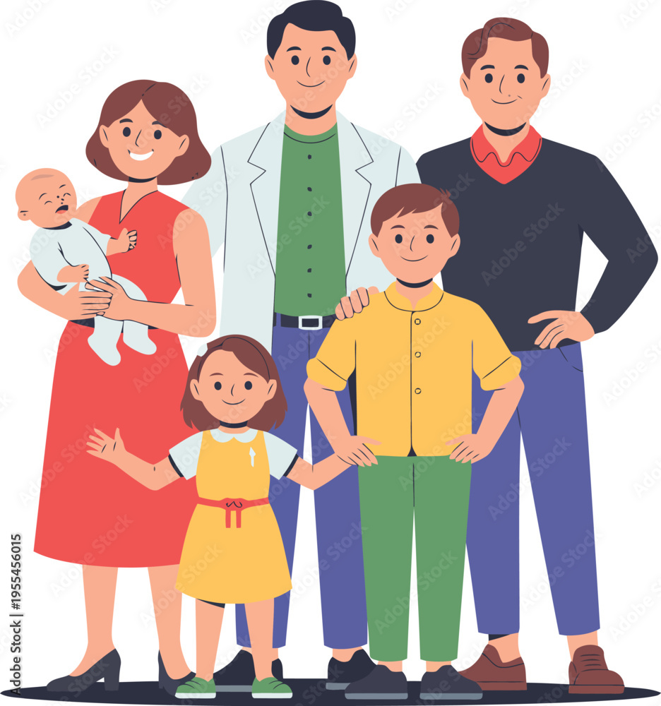 Obraz premium A cartoon family of six people standing together