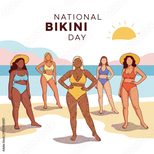 Diverse women in bikinis celebrating National Bikini Day on a sunny beach, promoting body positivity and summer fun.