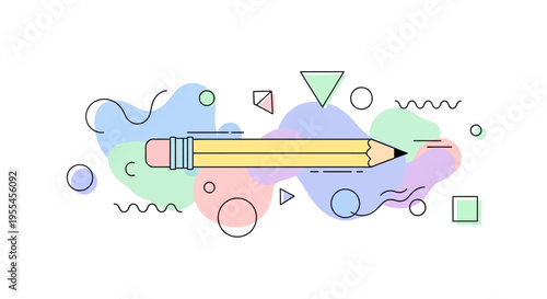 Colorful pencil with pink eraser tip.