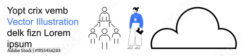 Business communication, cloud storage, teamwork, organizational structure, data management, technology integration. A cloud icon, hierarchical structure and a person with files. Teamwork and cloud