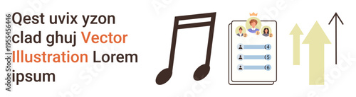 Media platforms, user growth, online rankings, music, content sharing, trends. Musical note, tablet with profile rankings upward arrows. Media platforms and user growth concepts
