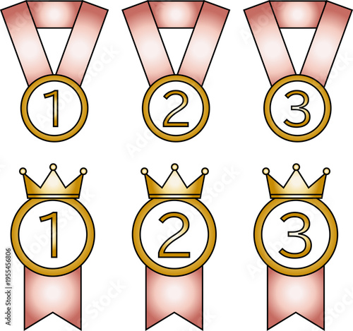 1位2位3位の順位メダルと王冠付きランキングアイコンセット、表彰やコンテストに最適なシンプルで使いやすいベクター素材
