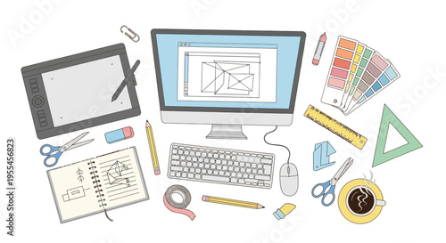 Computer and office supplies on desk.