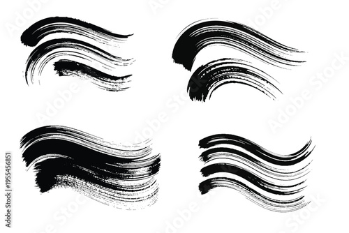 Black ink brush strokes set, hand drawn paint brush collection for artistic design, grunge wavy line textures isolated on white background.