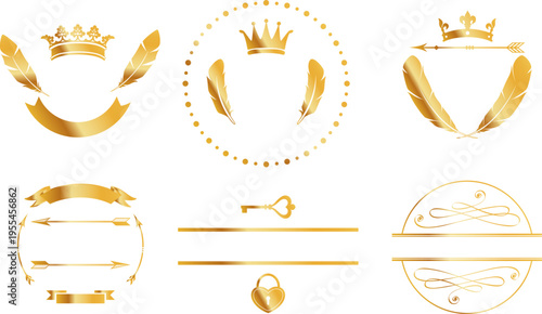 王冠・羽根・鍵・リボンなどを組み合わせた高級感のあるゴールド装飾アイコンセット、ラグジュアリーデザイン素材