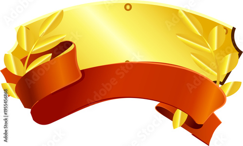 赤いリボンが映えるゴールドプレートと月桂樹装飾の高級表彰ラベルデザイン空白スペース付き豪華テンプレート