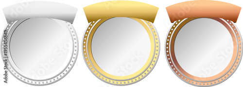 リボン付き円形メダルフレームのシルバー・ゴールド・ブロンズ3色セット空白スペース付き高級アワードデザイン素材