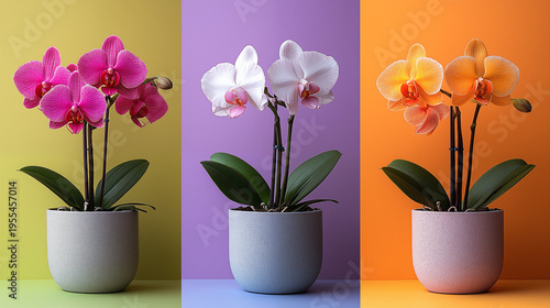 Three phalaenopsis orchid flower in different colored pots, each set against a contrasting background to highlight their unique colors and textures. a plain background.