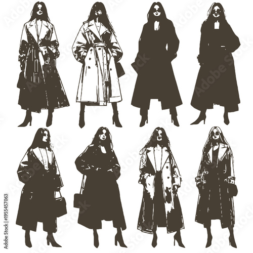 Eight women in different black and white trench coats