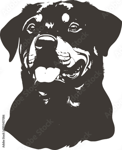 A black and white illustration of a rottweiler dog