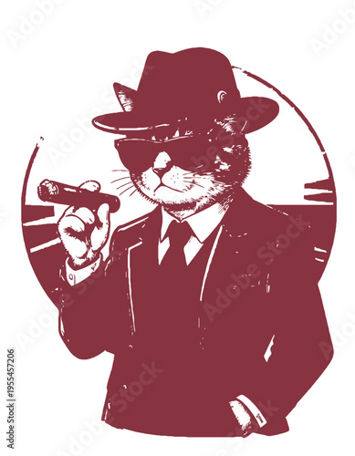 A cat in a suit and hat holding a cigar