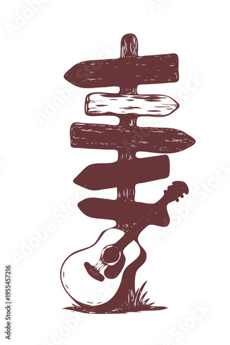 A wooden signpost with a guitar leaning on it