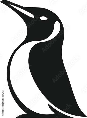 A stylized depiction of a penguin in black and white showcasing its classic form