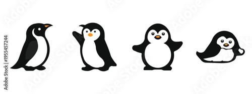 Four stylized penguin illustrations are displayed in a row each with a unique pose