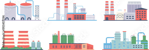 Flat industrial factory set with storage tanks chimneys pipelines refineries power plants manufacturing facilities vector illustration collection design elements