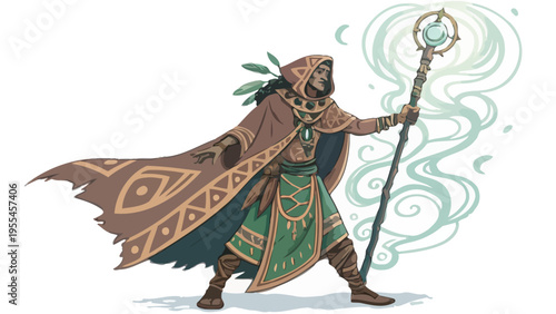 A powerful wizard stands confidently with a magical staff in hand, surrounded by swirling mystical energy.