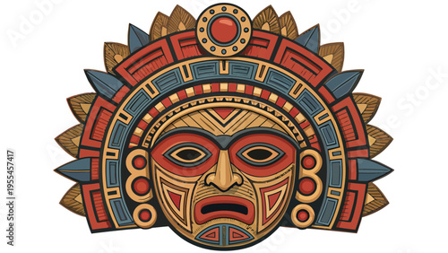 A vibrant and colorful illustration of an Aztec-style mask with intricate designs and patterns