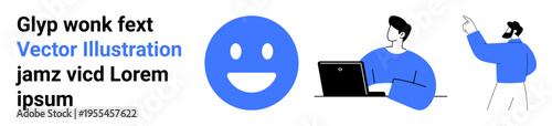Communication, teamwork, business strategy, workplace collaboration, emotions, brainstorming. A blue happy face and two people interacting during work discussions. Communication and teamwork concept