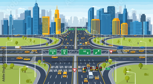 city highway interchange illustration with urban skyline and traffic