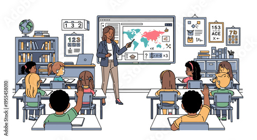 A diverse group of schoolchildren sitting at desks in a classroom, listening to a teacher presenting a world map on a screen with educational posters and a globe in the background,