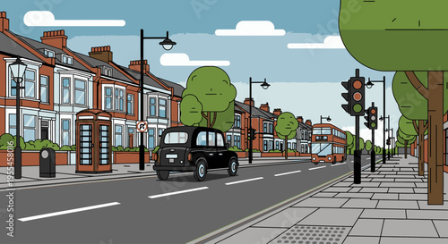 Illustration of a suburban street scene with a black SUV driving on the road, lined with trees, streetlights, and red brick houses under a blue sky with white clouds.
