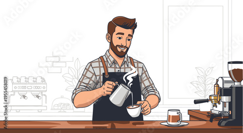 A smiling barista in a plaid shirt and black apron pouring steamed milk into a cup with a coffee machine and cup on a wooden counter in a minimalist cafe setting with a warm and inviting